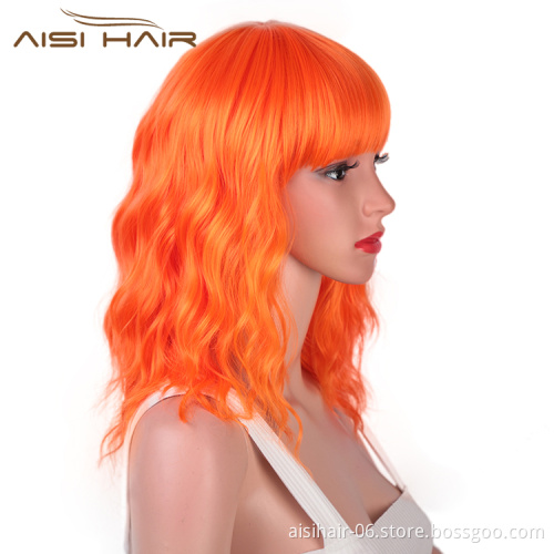 Aisi Hair Wholesale Top Quality Orange Short Bob Wig With Neat Bangs Synthetic Short Curly Wave Wigs For Black Women